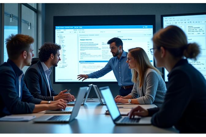 Professional team collaborating on a software project